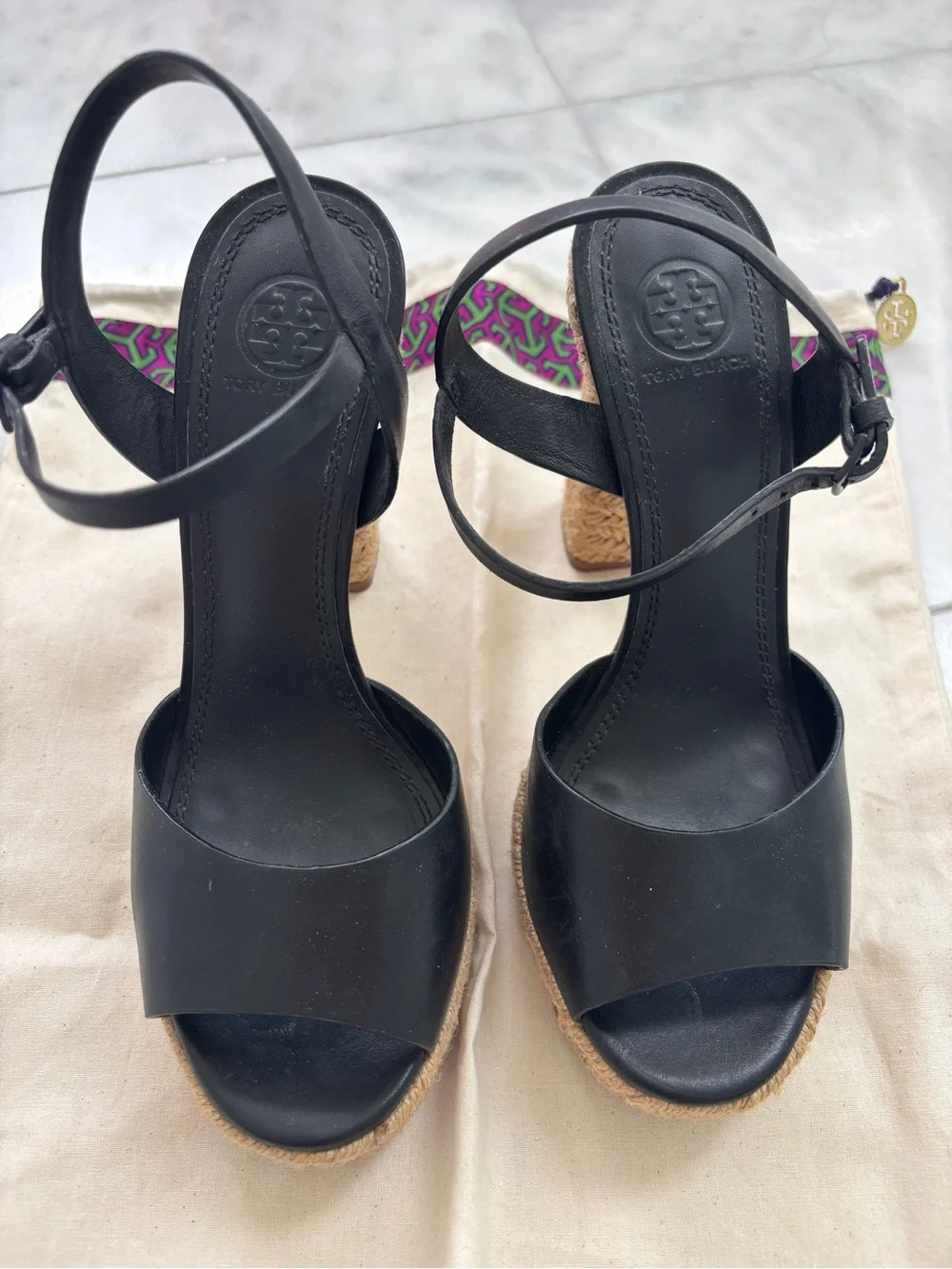 Tory Burch Black Leather Heeled Espadrilles Size 8 with Dustbag